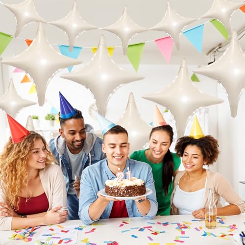 Image of Cream White Star Balloons,12Pcs Four Angle Star Foil Balloons | 26Inch and 10Inch Sand White Quadrangle Star Helium Balloon for Birthday Baby Shower Wedding Party Decorations