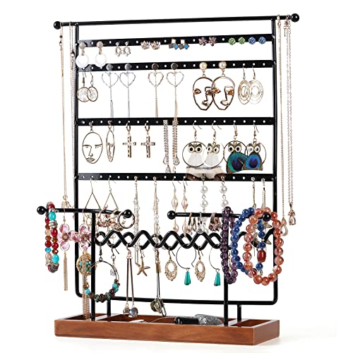 Ohrring-Organizer-Ständer, Ohrringhalter, Organizer mit Holztablett, Schmuckständer für Halsketten, Ohrstecker, Armbänder, Uhren und Ringe, Ohrringständer für Frauen und Mädchen (schwarz-2 Stück) Cover
