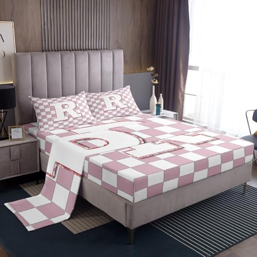 Image of Erosebridal Pink Initial R Sheet Set Full Kawaii Plaid Checkered Bed Sheets Cute Personalized Monogram Bedding for Kids Girls Teen Women,Fashion Grids Gingham Bed Sheets Set 4 Piece