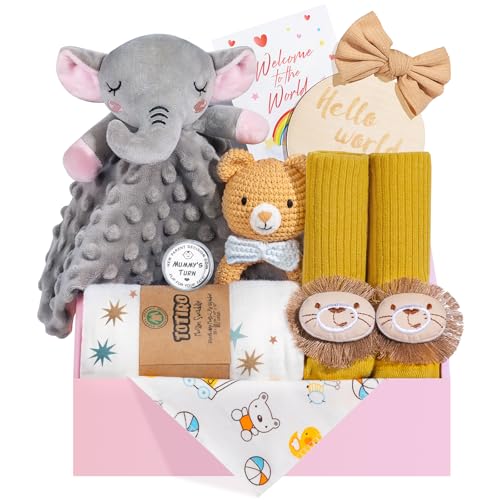 Image of Newborn Baby Girl Gift, 9 Pcs Baby Gift for Girls Newborn Essentials, New Baby Girl Gift Basket Baby Shower Gender Reveal Gifts, New Mom Gift Swaddle Blanket Bear Rattle Gift Set, Khaki