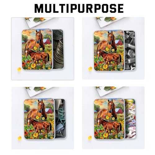 Image of Metal Tin Box with Lid for Game Cards Home Organizer Candles Keys Crafts Storage - Comes with 4 Magnetic Cord Clips,Horses and flowers