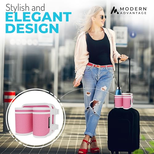 Image of Luggage Cup Holder Suitcase Attachment: Universal Drink and Bottle Caddy for Portable Convenience - Airplane Carry-On Travel Accessories - Reusable Drink Carrier with Pockets (Pink)