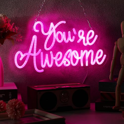 Image of You Are Awesome Neon Signs Dimmable Inspirational LED Neon Lights for Wall Decor Pink USB Positive Quotes Light up Sign for Bedroom Wedding Birthday Classroom Home Office Bar Hanging Decor