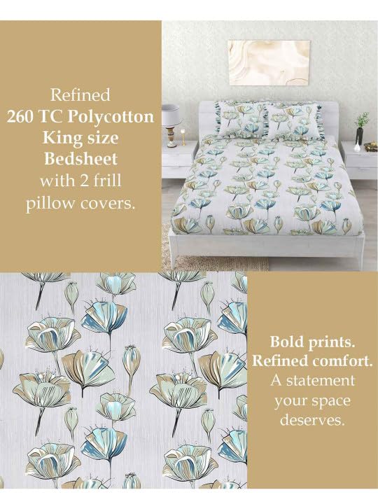 Image of 380 TC Premium Glace Cotton Elastic Fitted Bedsheet King Size with 2 Pillow Covers King Size | Double Bed with All Around Elastic (White Floral Print, Fitted - 72 inchx78 inch King)