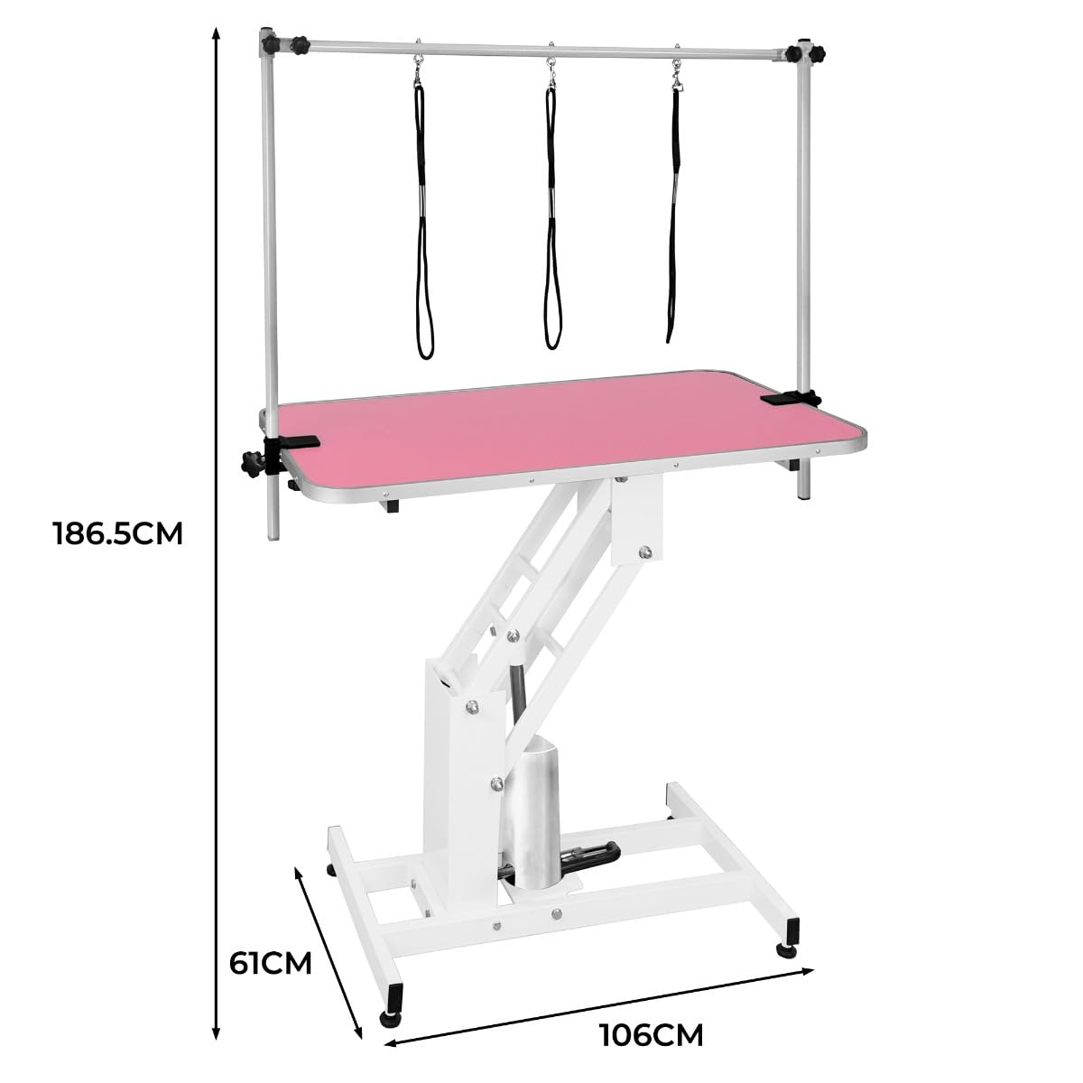 Hydrauliczny podnośnik stołu do pielęgnacji zwierząt domowych, z regulacją wysokości, 180 kg, udźwig duży, 106 cm x 61 cm, różowy, gumowy blat, profesjonalna, wytrzymała, stalowa, biała rama, 4