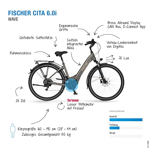 Fischer CITA 6.0i Elektrische fiets voor dames en heren, RH 44 cm, middenmotor 50 Nm, 36 V accu in frame, platinagrijs… - Afbeelding 4