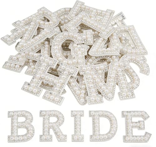 Self Adhesive Pearl Letter Patches 26 Pieces A-Z Bling Stick on Rhinestone Letter Stickers Glitter Alphabet Appliques Sticker for DIY Clothes Bags Hats Phone Backpacks (White)