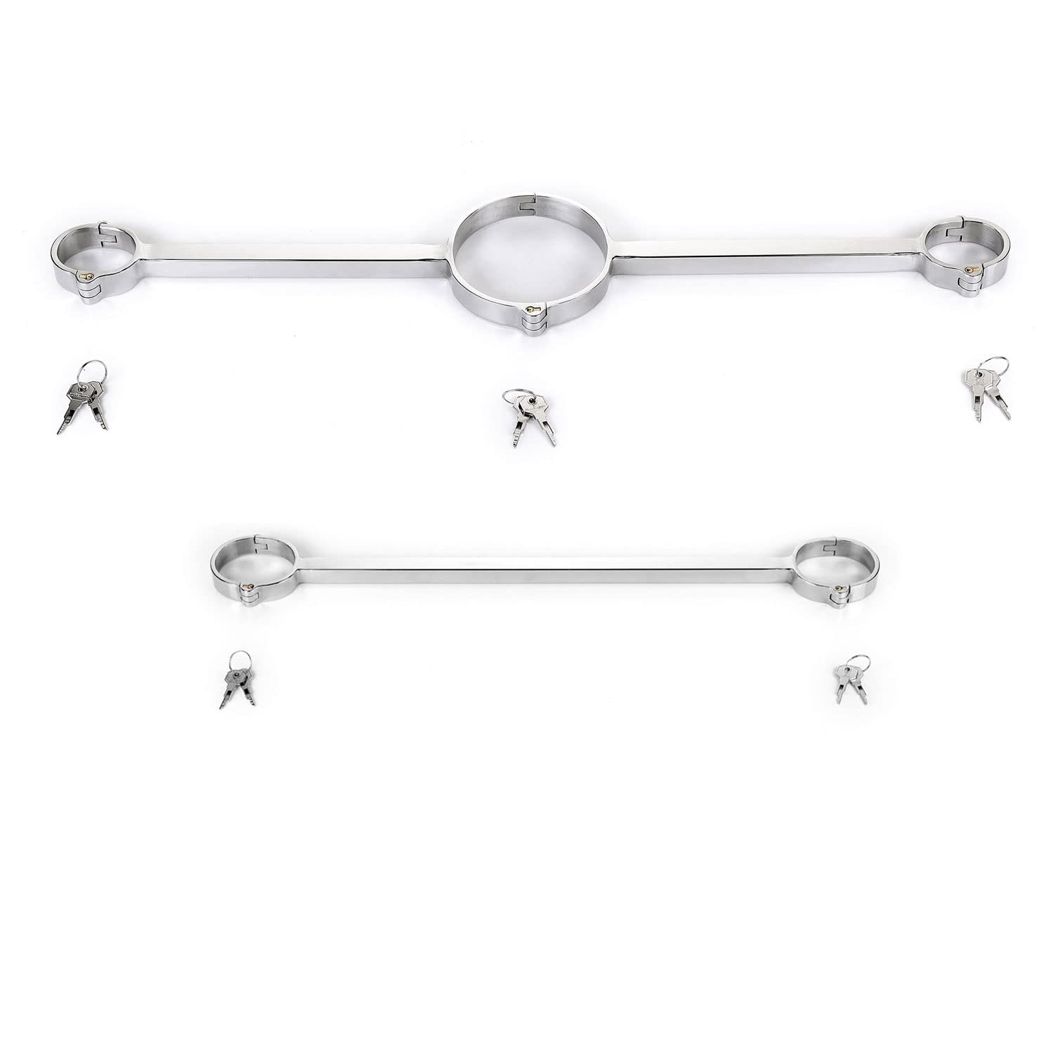 2Pcs Edelstahl Spreizstange Bondage Set mit Handschellen/Handfesseln+ Halsbänder+ Fußfesseln, Fuß/Hand Restraint, Fetish Folter BDSM Sklave Fesselset Erotik Sexspielzeug für Paare,Male-Silber