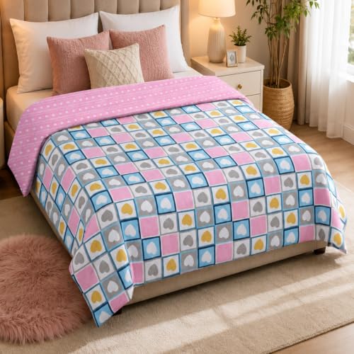 Image of BENAVJI Double Bed Comforter 220x240 cm | Reversible Soft Microfiber AC Comforter | All Season Quilt Blanket | Pink Heart Check
