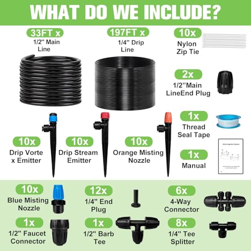 230FT Drip Irrigation System for Garden with 40 Nozzles & Emitters, Garden Watering System with 1/2" & 1/4" Tube and Barbed Fittings - Adjustable Sprinklers Kit for Greenhouse, Lawn, Raised Bed - Image 3