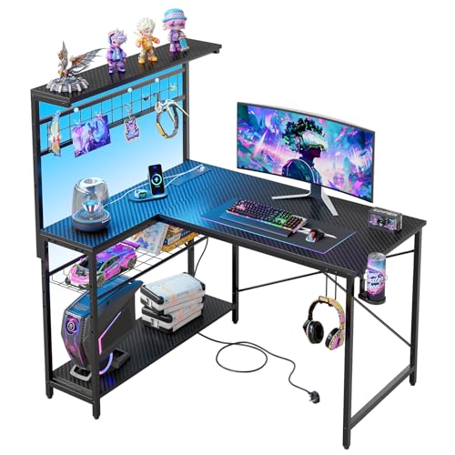 Bestier L-Shaped Gaming Desk with Power Outlets, LED Workstation with 4 Tiers Shelves for Home Office, Gamer Reversible Table with Hooks and Cup (BDCF, 106cm)