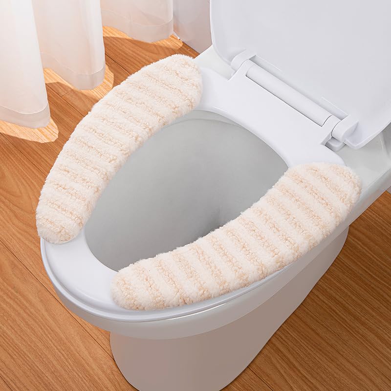 Wuyue Hua 2Pairs Plush Warm Thick Padded Toilet Seat Cover Mat Non Slip Soft Toilet Seat Cushion Washable Bathroom Warmer (GREEN+Beige) - Image 3