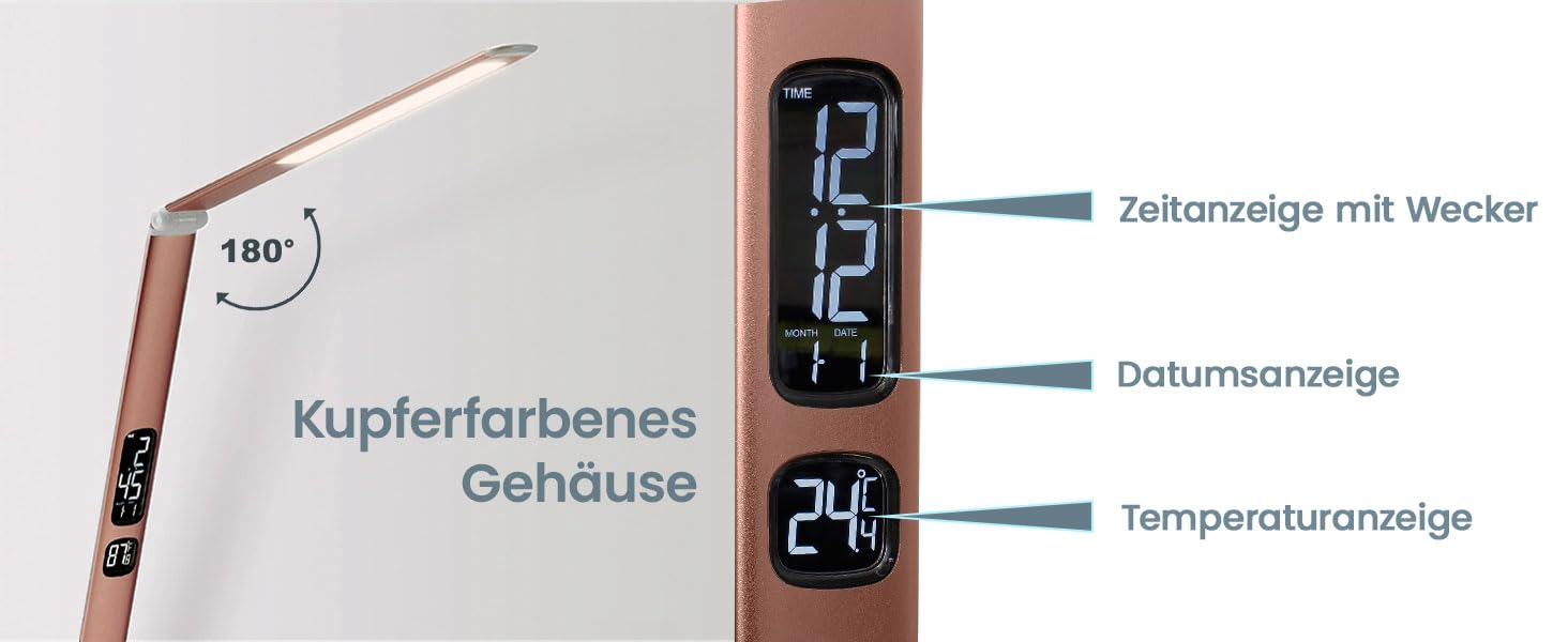 Eaxus LED Schreibtischlampe 12 Watt mit RGB-Farbwechsel, Tischlampe dimmbar 500 lm, Lampe mit Touch-Funktion, Uhr, Kalender & Temperaturanzeige, Büro Tischleuchte, Schreibtisch Zubehör, Kupferfarben