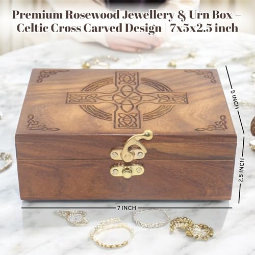 Image of Celtic Cross Wooden Jewelry Box, Rosewood Handmade Engraved Christian Keepsake Storage Chest for Women & Men, Religious Gift Box, Vintage Wooden Treasure Organizer for Jewelry & Decor