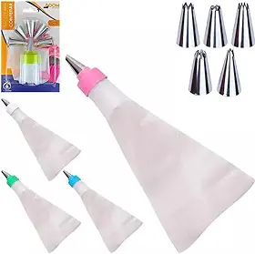 Jogo de Confeiteiro Com 6 Bicos Diferentes Saco de Silicone Adaptador Matriz Bisnaga para Decoração de Bolos Cupcakes e Tortas