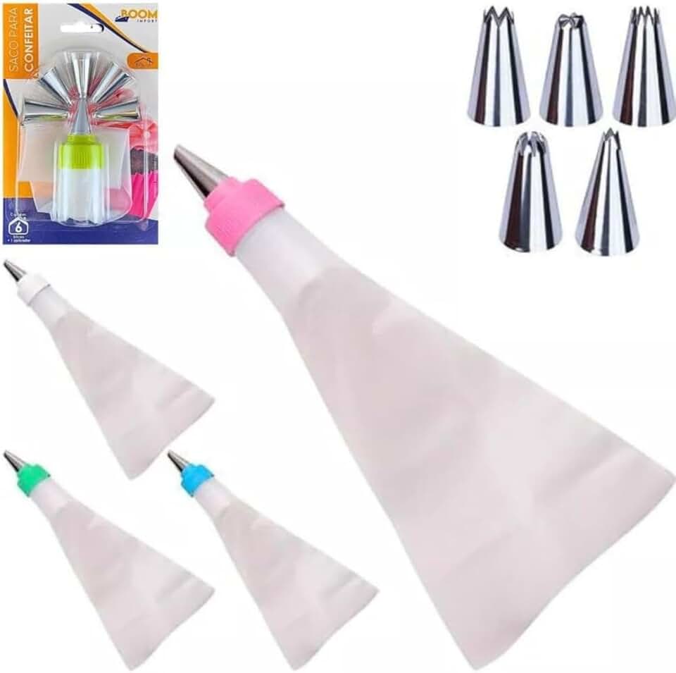 Jogo de Confeiteiro Com 6 Bicos Diferentes Saco de Silicone Adaptador Matriz Bisnaga para Decoração de Bolos Cupcakes e Tortas