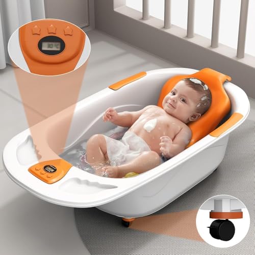 Image of StarAndDaisy Baby Bath Tub for 0 to 5 Years /Bath Tub for Kids 0-3 Years /Infants Bathtub with Temperature Censor & Baby Bath Seat /Sling, Antislip Kids Bath Tub with Bath Chair -White Orange