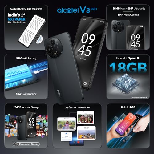 Image of Alcatel V3 Pro 5G (Metallic Grey, 8GB+256GB) | India's 1st Patented NXTPAPER Superior Display | 50MP AI Dual Camera | NFC, 2TB Expandable Memory | Gemini in-Built | with Charger