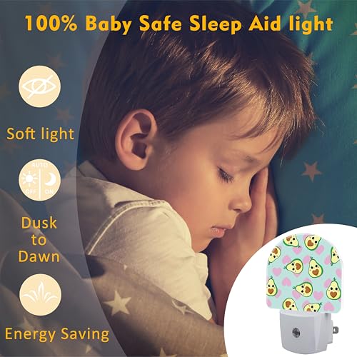 Image of Avocado and Pink Hearts Night Light for Kids,Cute Cartoon Avocados Plug in Night Light with Dusk to Dawn Sensor, 0.5w Energy Saving Nightlight for Hallway Stairway Kitchen Bedroom