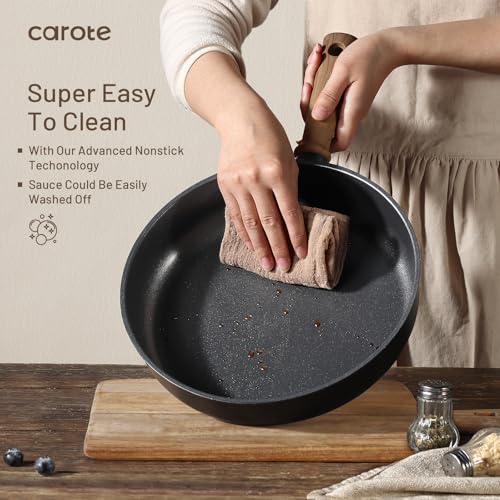 Image of CAROTE Non Stick Frying Pans, 9.5 inch Nonstick Skillet Titanium Frying Pan Chef's Pan, Titanium Lightweight, Stay-cool Handle, Compatible with All Stoves, Black
