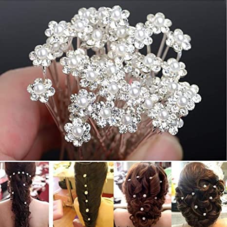 24 PCS Hair Styling Pins Bride Diamond Pearl Flower Tiara Wedding Bridesmaid Pearl Flower Hair Pin Delicate and Elegant Female U-pin Metal Hair for Women’s Hair Jewelry