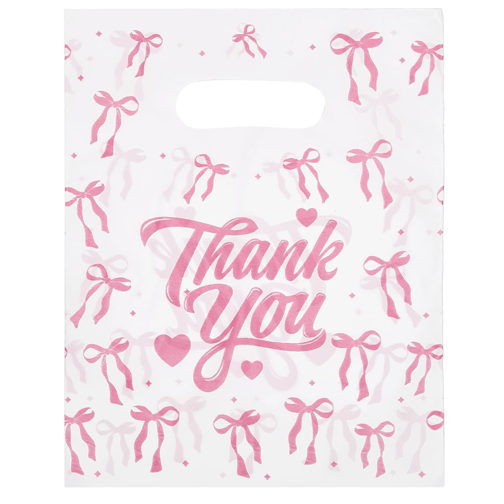 SOFPLATE 100Pcs 7.9 x 5.7 Inch Thank You Treat Bags Bow Merchandise Bags with Hole Handle Pink Bowknot Rectangle Words Small Gift Goodie Pouches for Candy Merchandise Party Favor Gift Trade Packaging