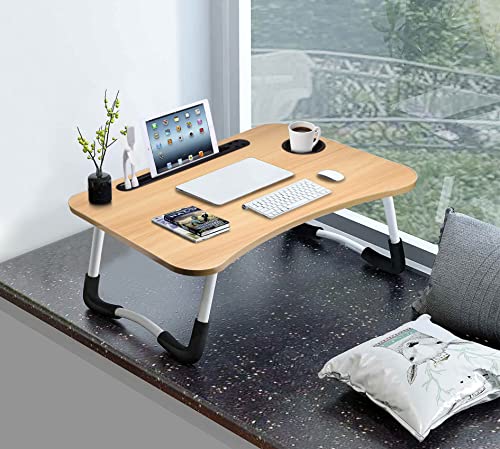 Image of Slendor Foldable Lap Desk with Cup Holder for Bed, Couch, Floor | Portable,with USB Light, Fan, Pen Holder,Tablet Holder,for Laptop,Writing,Eating,Walnut