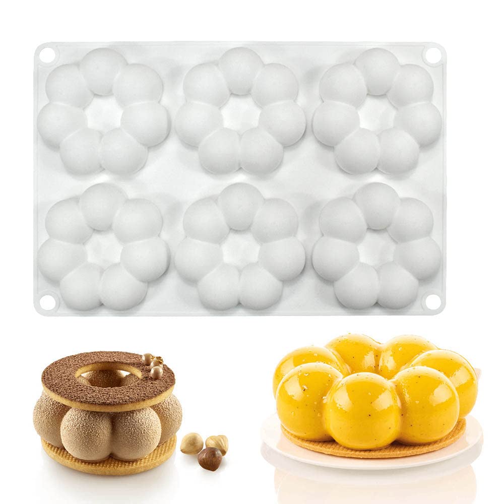 Stampi per torte in mousse francese in silicone, stampo per candele di sapone al cioccolato fai da te 3D Bakeware, 6 fori ciambella a petalo