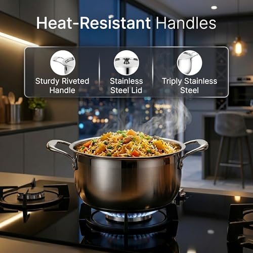 Image of AGARO Regency 20 cm Triply Stainless Steel Casserole with Lid, 3.2L, Induction & Gas Compatible, Even Heat, Non-Toxic, Dishwasher Safe cookware for Kitchen Perfect for biryani, pulao & Curry.