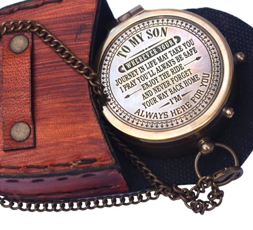 Ebull International Brass Compass with Leather Case - Antique Style, Fully Functional, Perfect Nautical Gift for Son