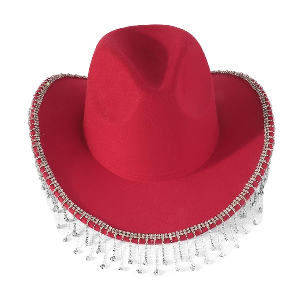 xbiez Black Denims Hat withDazzling Rhinestones and Flowing Tassels Western Cowboy Cowgirl Hat Enhances Style Statement, Red, 5 1/8-5 3/8