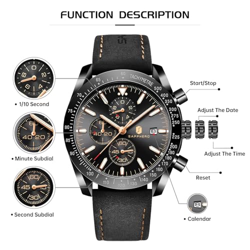 Image of BENYAR Men's Watches Waterproof Sport Military Watch for Men Multifunction Chronograph Black Fashion Quartz Wristwatches Calendar with Leather Strap