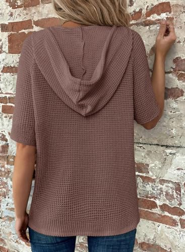 Image of Dokotoo Womens Summer Tops Waffle Knit Short Sleeve Lightweight Drawstring Hoodies Button V Neck Casual Blouses Shirts