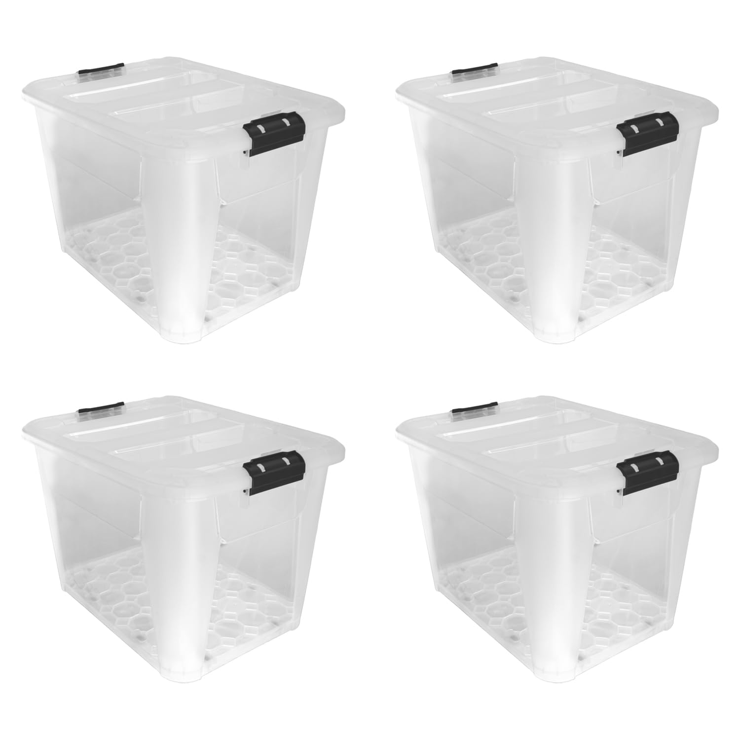 JVL Plastic Secure Clip Lidded Storage Box with Wheels, Stackable & Nestable, Clear, Set of 4, 60L