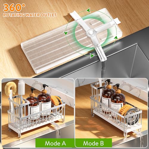 Image of Cisily Sponge Holder for Kitchen Sink, Sink Caddy Organizer with High Brush Holder, Kitchen Countertop Organizers and Storage Essentials, Rustproof 304 Stainless Steel (Large Silver, 10.62″)