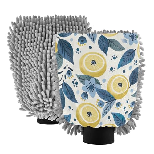 Flradish 2 Pack Lemon Flowers Car Wash Mitt Chenille Microfiber Lint-Free Scratch Free Ultra-Soft Absorbent Car Wash Mitt 11.8x8.07 Inch