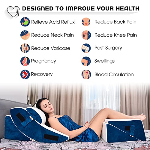 Orthopedic Bed Wedge Pillow Set – 5 Pieces Wedge Pillow Set – Adjustable & Comfortable – Post Surgery Memory Foam For Back, Neck And Leg Pain Relief – Hypoallergenic – Includes 2 Vacuum Bags - Navy #TOP3