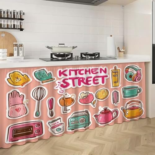 Image of Premium Printed Kitchen Sink Curtain | Washable & Dustproof Rod Pocket Counter Skirt | Perfect For Any Sink | Multicolor Cooking Theme Decor for Home & Kitchen(150cm X 70cm) (Kitchen Street)