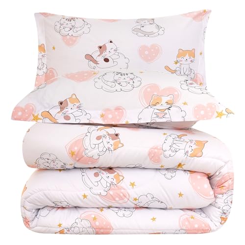Image of Yibeizi Cat Kids Comforter Set for Girls Twin, Cute Quilted Pink Heart Printed Bedding Set with Pillow Sham, Lightweight Soft Breathable Machine Washable Bed Set 2 Piece