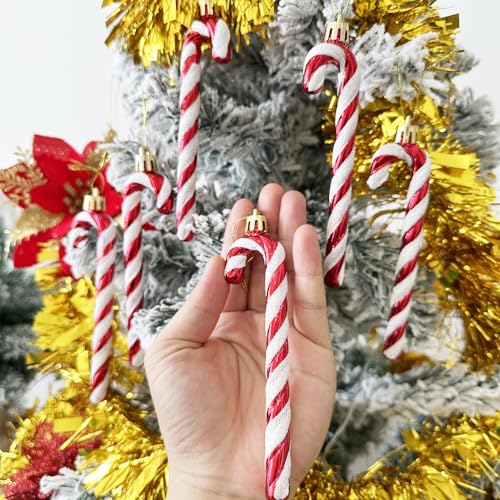 6 PCS 13cm Glitter Candy Cane Christmas Tree Decorations, Glitter Candy Cane Christmas Tree Hanging Decoration Bauble Xmas Ornament, Red + White - Image 3