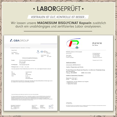 Magnesium Bisglycinat Kapseln 240x - 3000 mg Magnesium-Bisglycinat, davon 360 mg elementares Magnesium pro Tag - laborgeprüft mit Zertifikat - 100% vegan - Vorrat für 80 Tage