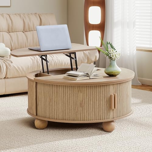 Image of Fluted Round Lift Top Coffee Table with Storage, Boho Circle Coffee Table | 33.5 inch Modern Lift Top Coffee Table with Sliding Door & Solid Wood Legs, Circle Round Center Table for Living Room