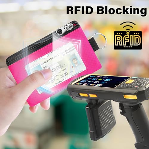 Image of Minimalist RFID Blocking Wallet with Lanyard, Functional ID Case with 2 Zipper Pockets and Key Chain for Men and Women, Tactical Badge Pouch Cards Holder, Coin Purse for Travel Sports-Rose