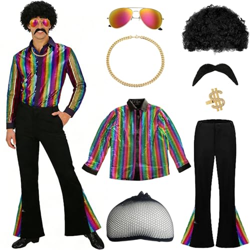 MINGJAY Costume Disco des Années 70,Déguisement Disco Homme,Deguisement Année 70 Homme,Chemise,Pantalon avec Perruque,Moustache,Lunettes de Soleil,pour le...