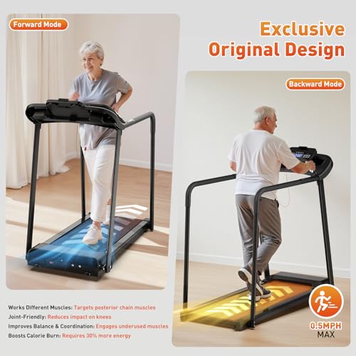 Image of Best Walking Treadmill for Seniors, Treadmills for Home with Extended Handrails & Pulse-Sensing Stabilizing Handle, Forward & Reverse Walking, Dual Shock Absorption, Ideal for Rehab
