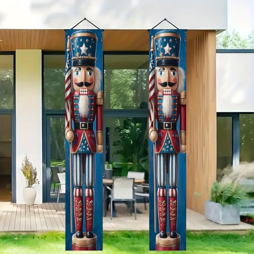 Image of BlissYard Patriotic Nutcracker Door Banner Star Stripe Independence Day Hanging Banner Nutcracker Decor for Memorial Day Independence Day Door Cover Front Porch Wall Home Patriotic Decor 12x72 Inch