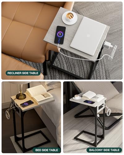 Image of C-Shaped Side Table for Couch - Small Coffee Stand Sofa Tray Desk with Metal Frame Waterproof Scratch Resistant Wood Top and Built-in Charging Station, Greige