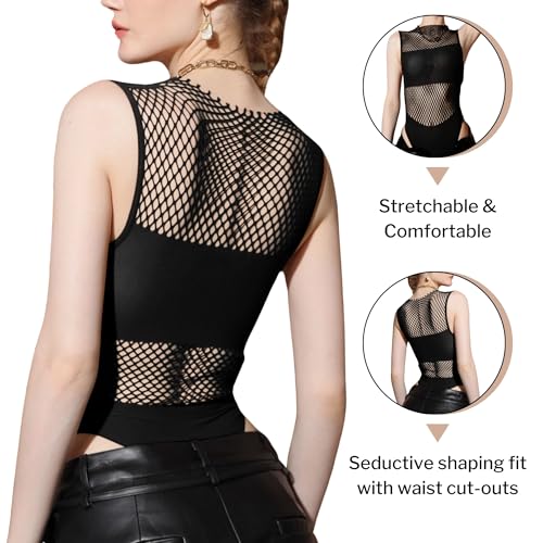 Mesh Seamless Fishnet Bodysuit Crop Top Undershirt | Rave Outfits for Women Festival Goth Sexy Shapewear One Size3