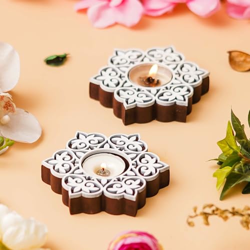 Image of eCraftIndia Set of 2 White Brown Wooden Floral Printing Block Decorative Tea Light Candle Holders, Diya Stands | Tea Light Holders | Christmas Diwali Decoration Items for Home Decor