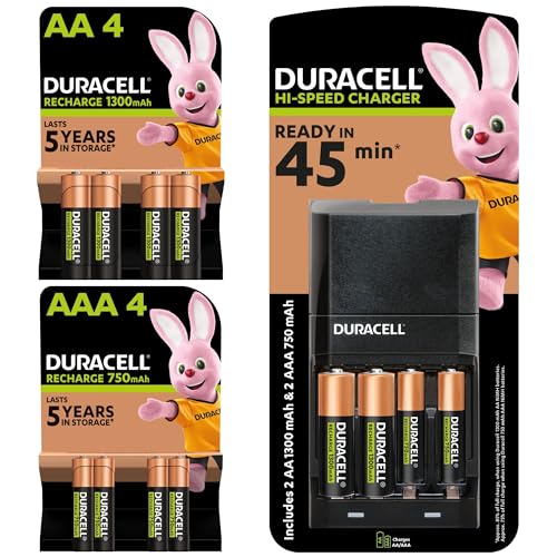 Duracell - Caricabatterie da 45 Minuti, con incluse batterie ricaricabili, 6 AA + 6 AAA